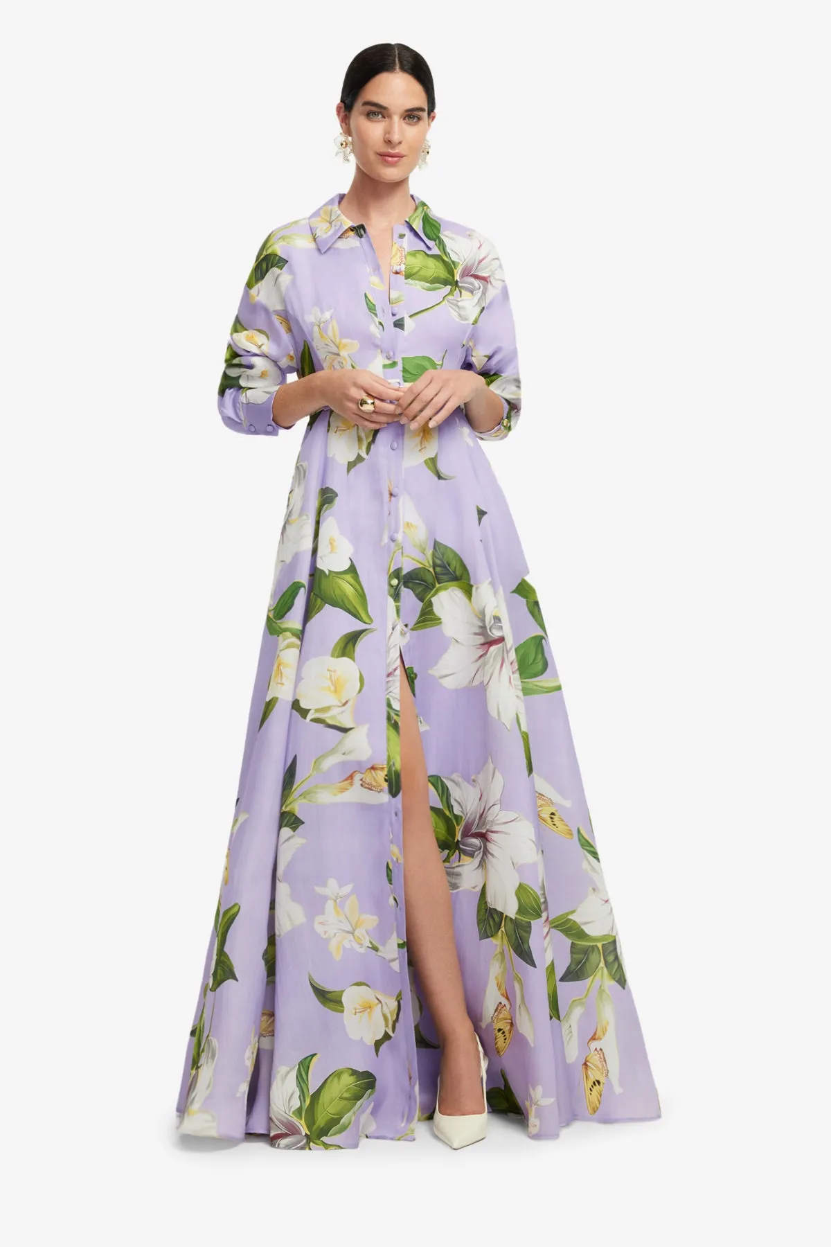 Josephine Silk Gown - Lily Blossom Print in Lilac sold by LEO LIN product image thumbnail 3