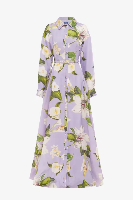 Josephine Silk Gown - Lily Blossom Print in Lilac sold by LEO LIN