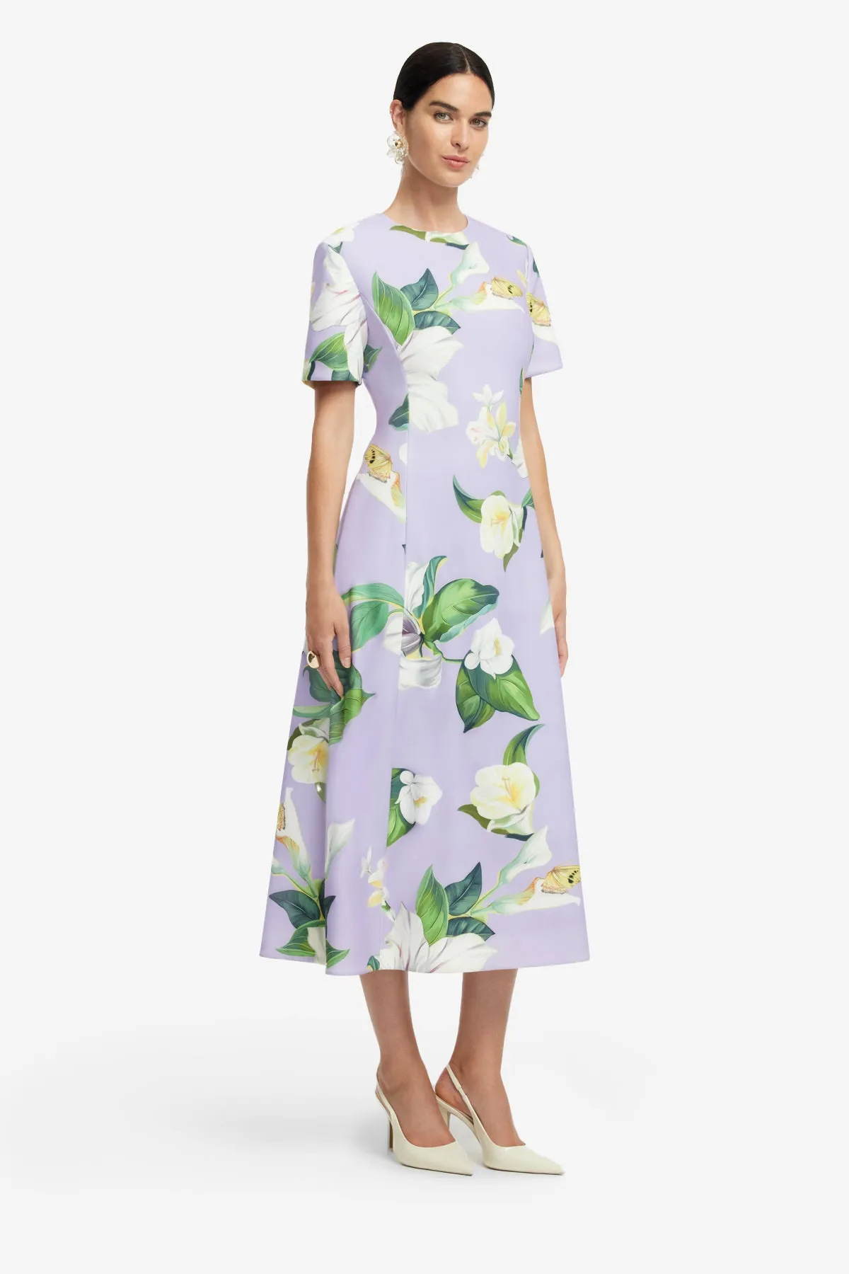 Caroline Short Sleeve Midi Dress - Lily Blossom Print in Lilac sold by LEO LIN product image thumbnail 4
