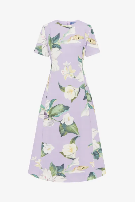 Caroline Short Sleeve Midi Dress - Lily Blossom Print in Lilac sold by LEO LIN