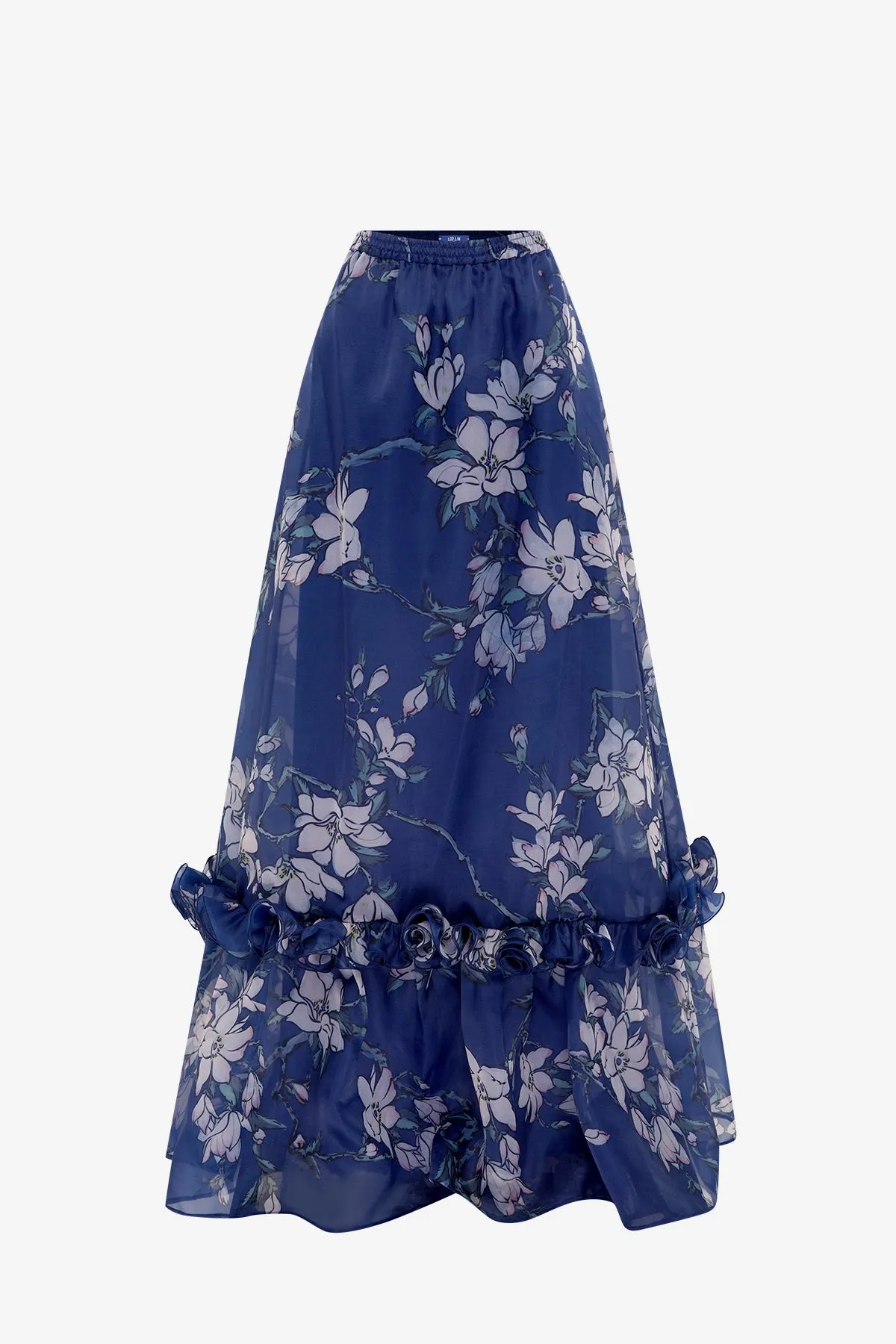 Paige Ruffled Maxi Skirt - Midnight Magnolia Print sold by LEO LIN