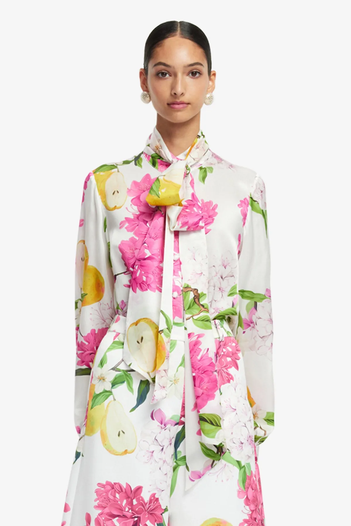Freya Tie Neck Silk Blouse - Floral Pear Print sold by LEO LIN product image thumbnail 2