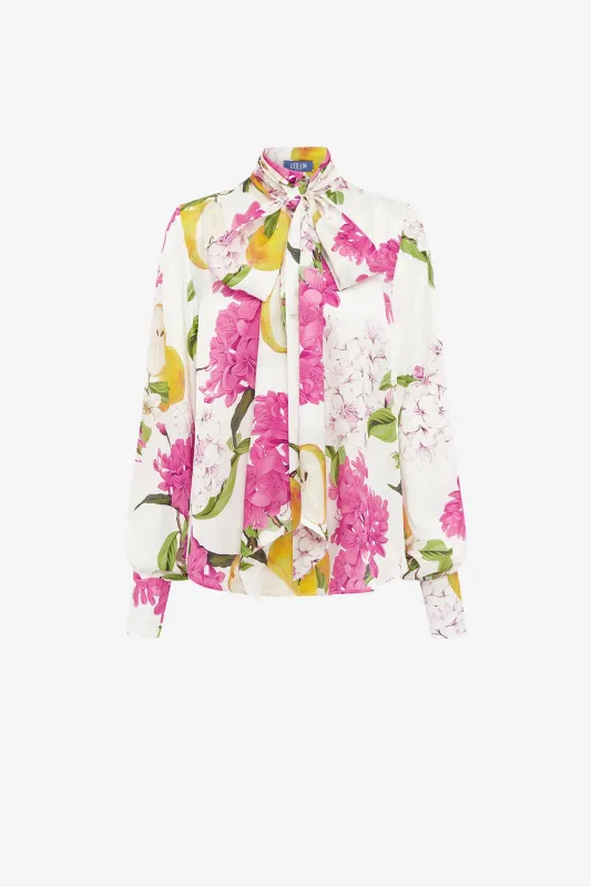 Freya Tie Neck Silk Blouse - Floral Pear Print sold by LEO LIN