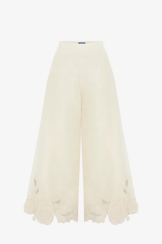 Theodora Linen Appliqué Pants - Vanilla sold by LEO LIN