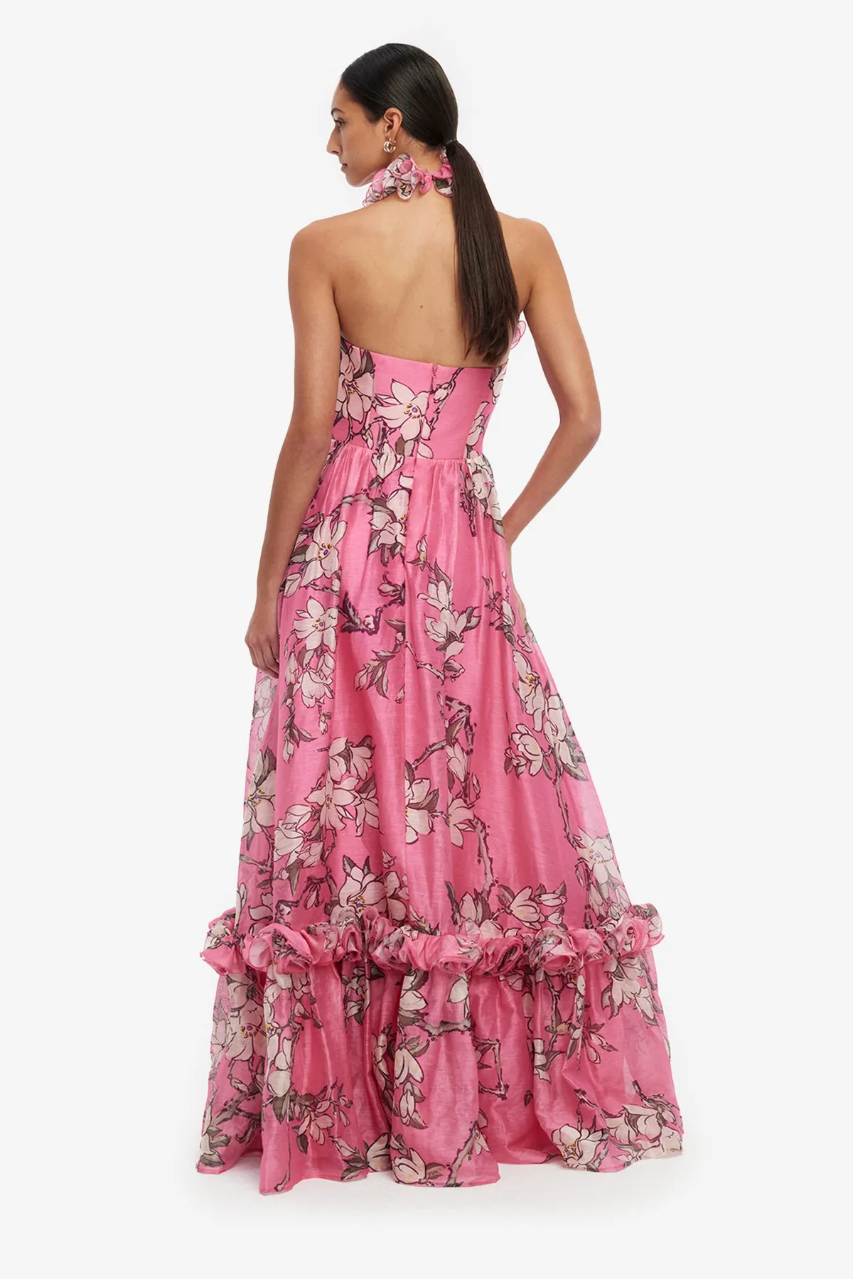 Isabelle Ruffled Halterneck Maxi Dress - Pink Magnolia Print sold by LEO LIN product image thumbnail 5