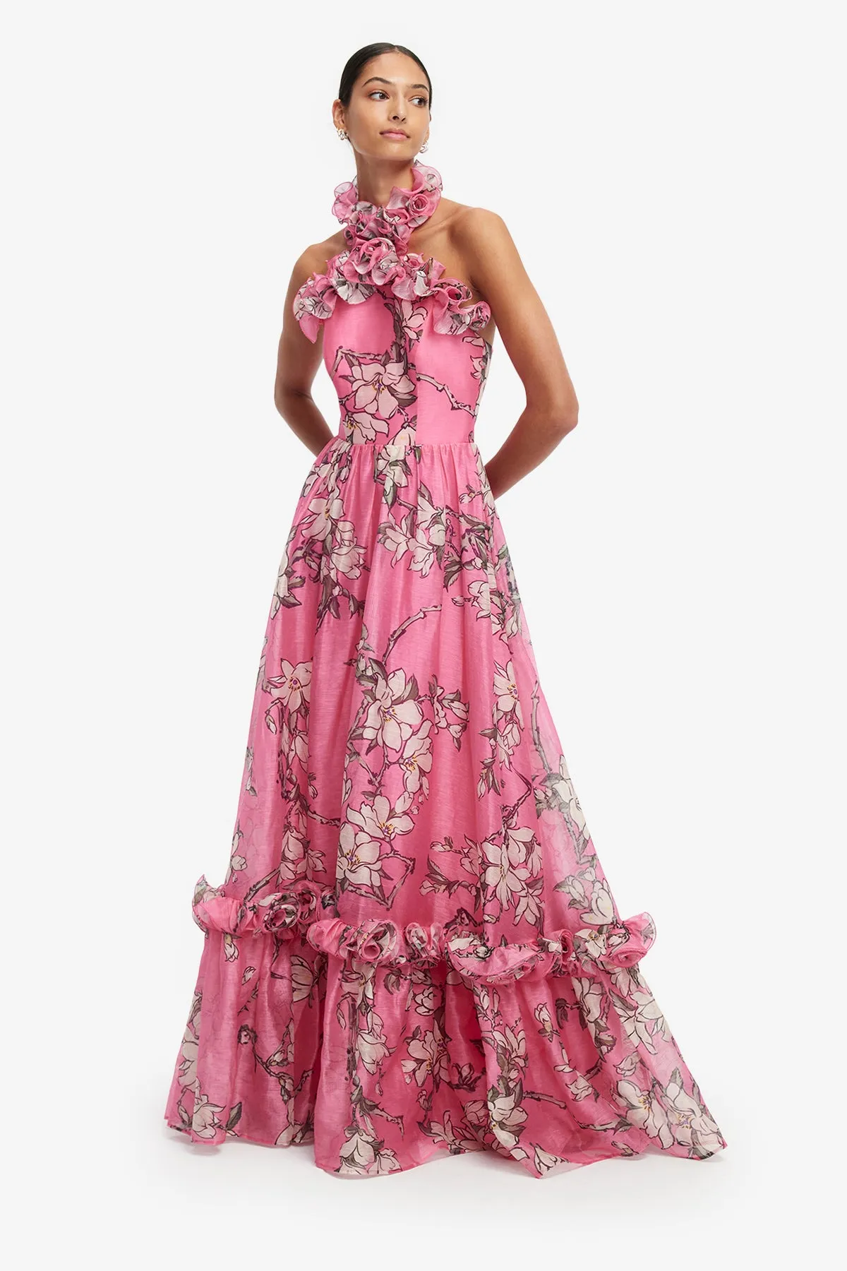 Isabelle Ruffled Halterneck Maxi Dress - Pink Magnolia Print sold by LEO LIN product image thumbnail 3