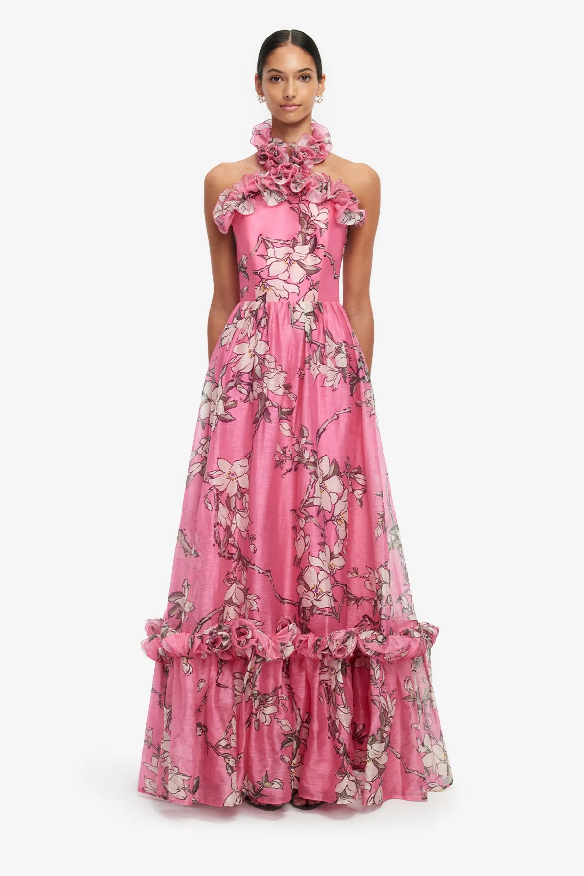 Isabelle Ruffled Halterneck Maxi Dress - Pink Magnolia Print sold by LEO LIN product image thumbnail 2