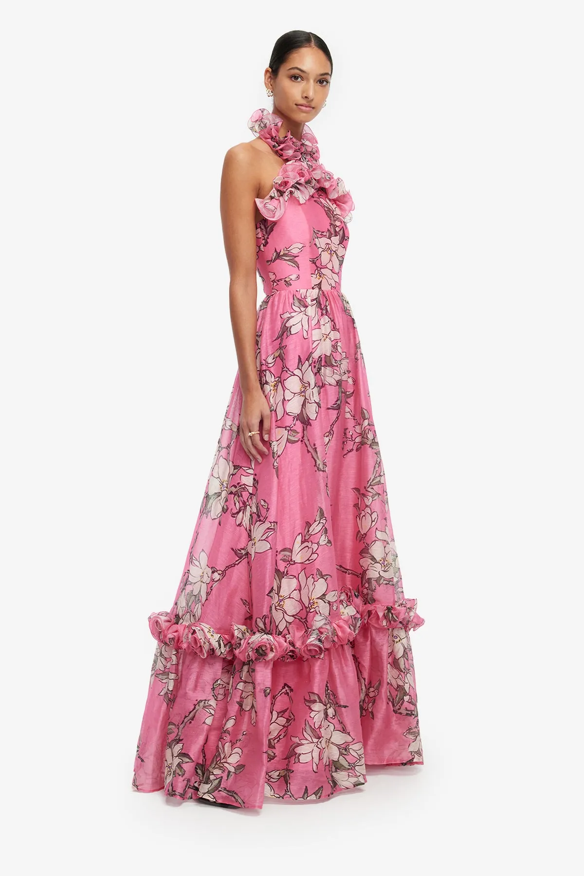 Isabelle Ruffled Halterneck Maxi Dress - Pink Magnolia Print sold by LEO LIN product image thumbnail 4