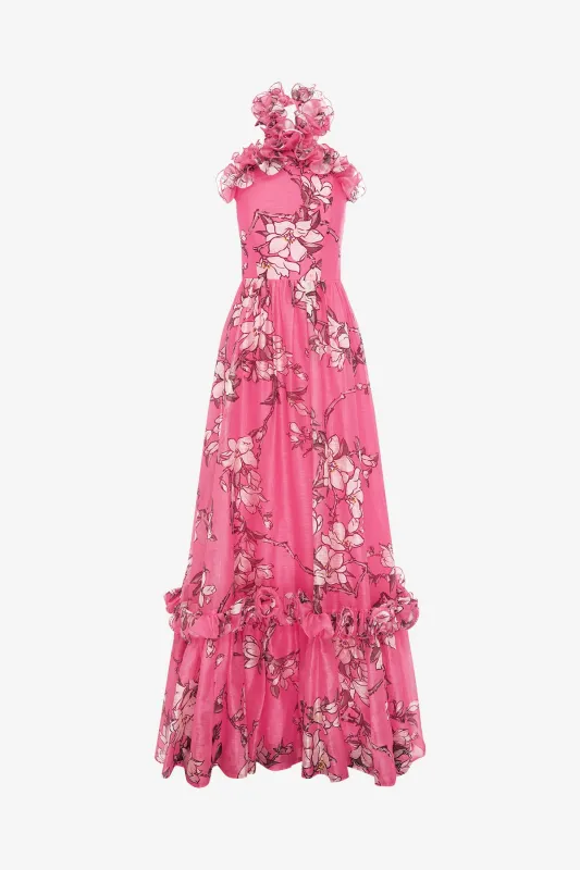 Isabelle Ruffled Halterneck Maxi Dress - Pink Magnolia Print made by LEO LIN