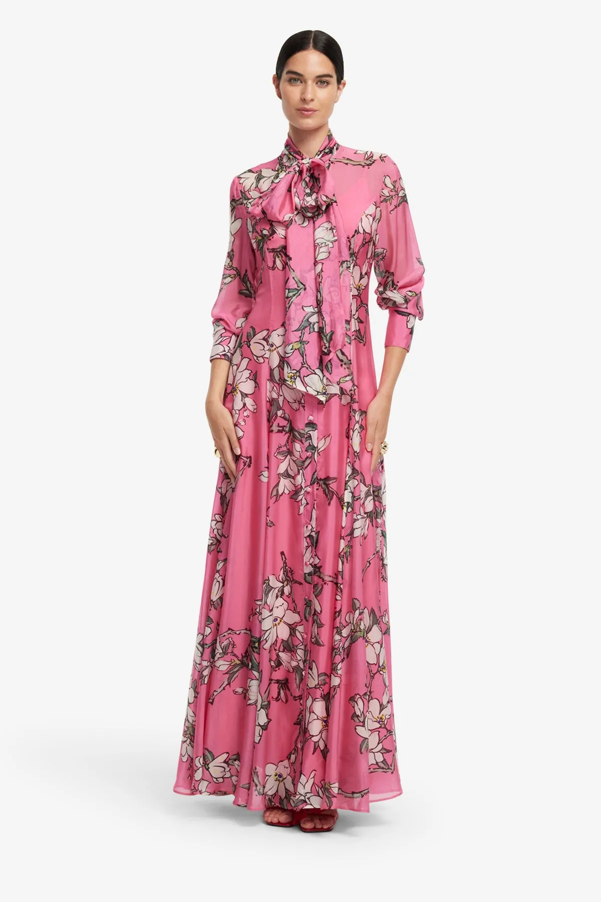 Lilith Tie Neck Maxi Dress - Pink Magnolia Print sold by LEO LIN product image thumbnail 3