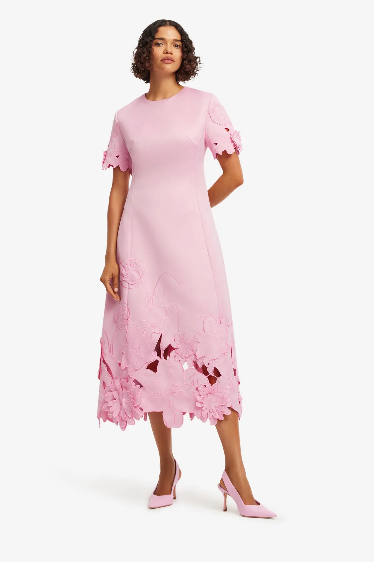 Caroline Appliqué Short Sleeve Midi Dress - Flamingo sold by LEO LIN product image thumbnail 3