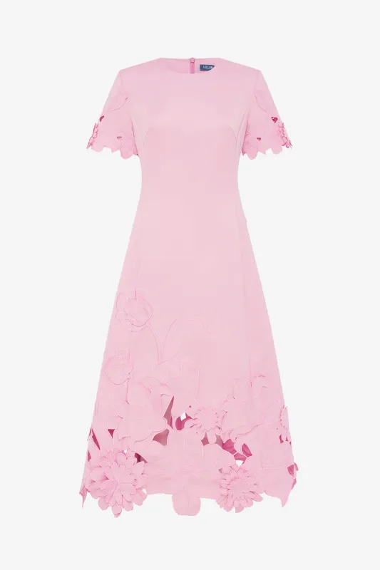 Caroline Appliqué Short Sleeve Midi Dress - Flamingo sold by LEO LIN