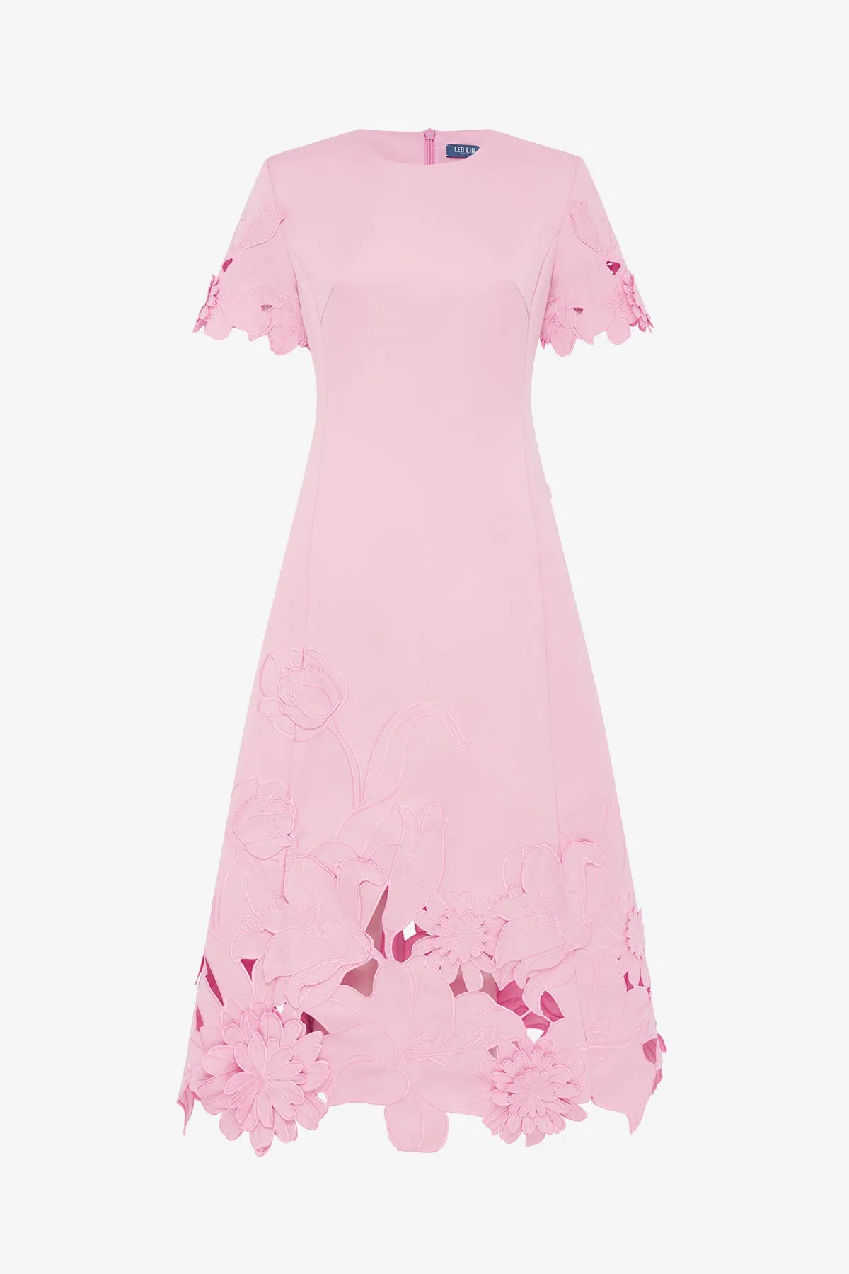 Caroline Appliqué Short Sleeve Midi Dress - Flamingo sold by LEO LIN