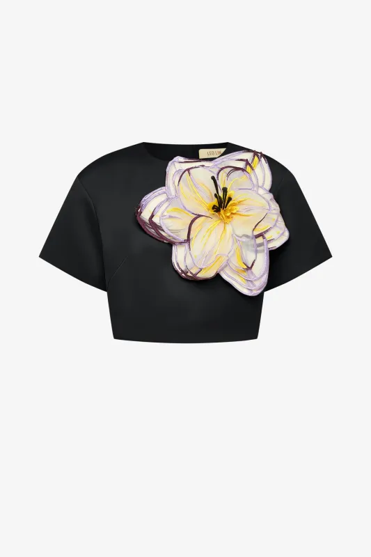 Indie Appliqué Sleeve Top - Iris Print in Ebony sold by LEO LIN