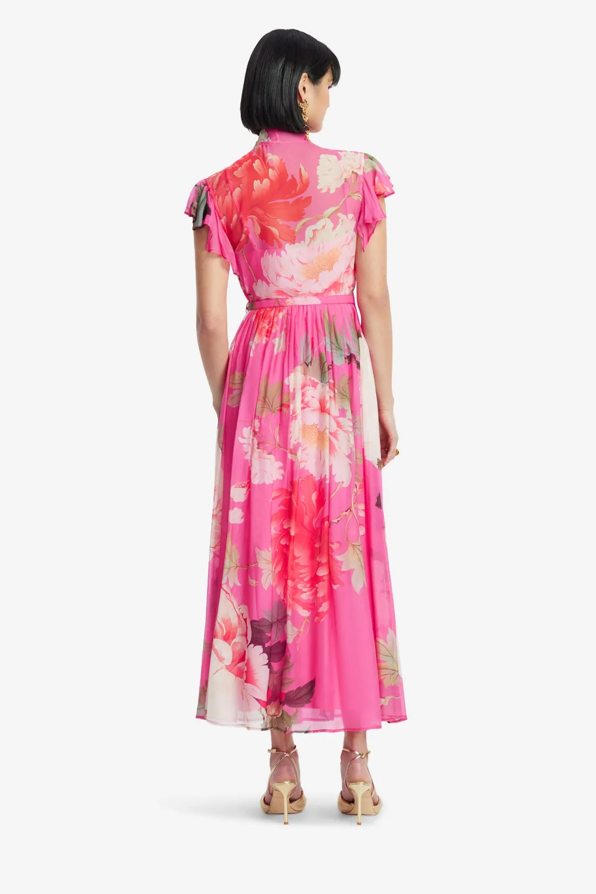Grace Flutter Sleeve Midi Dress - Peony Print in Fuchsia sold by LEO LIN product image thumbnail 5