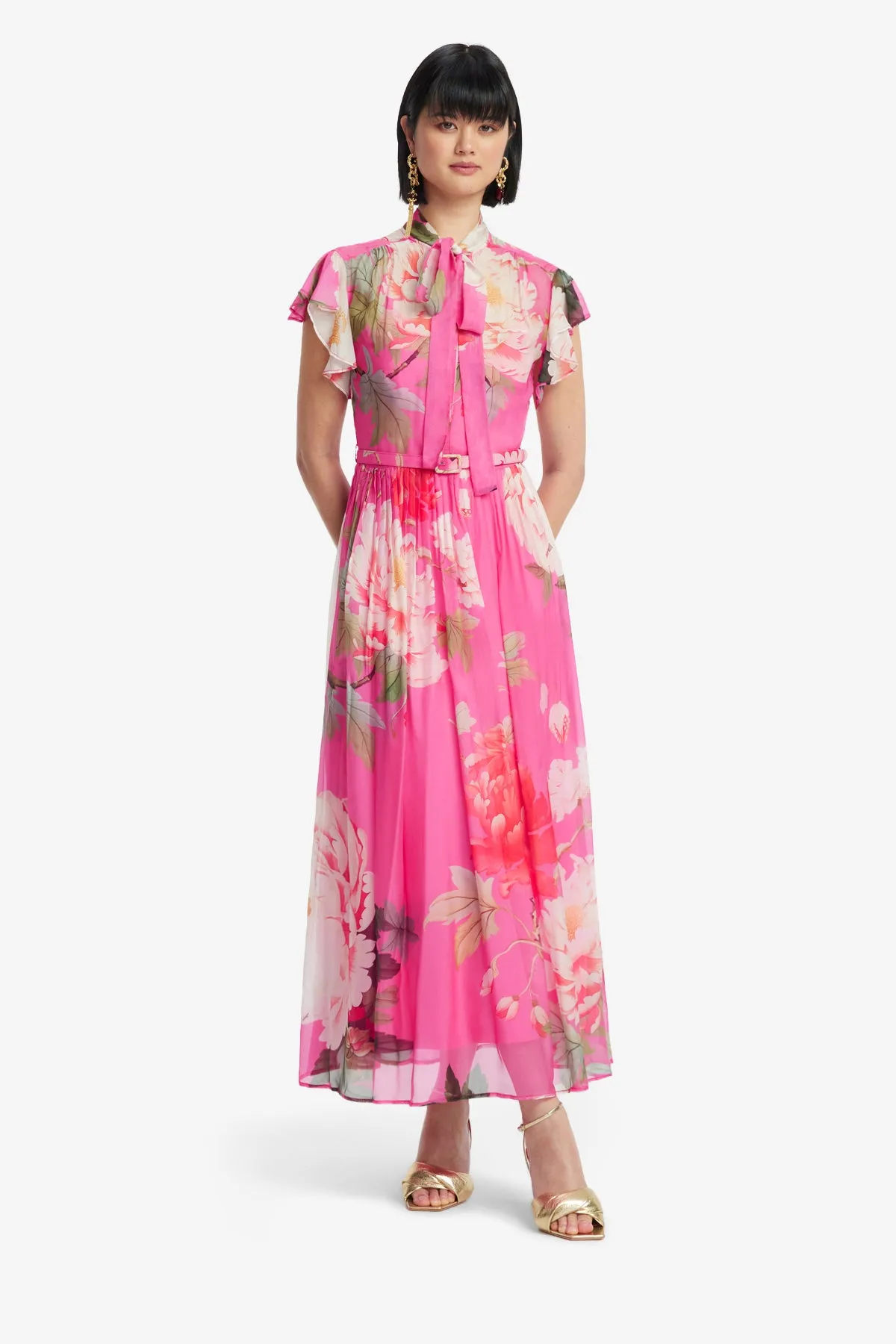Grace Flutter Sleeve Midi Dress - Peony Print in Fuchsia sold by LEO LIN product image thumbnail 3