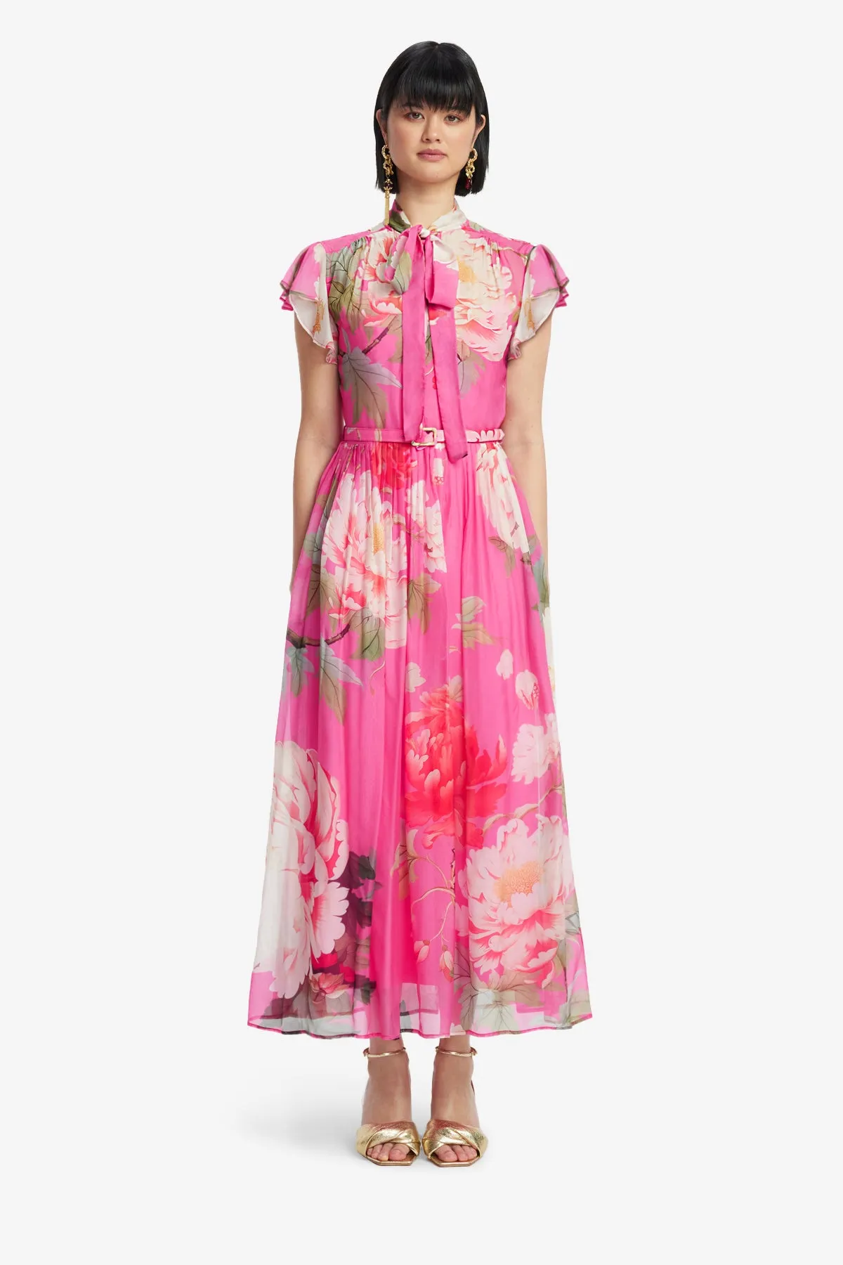 Grace Flutter Sleeve Midi Dress - Peony Print in Fuchsia sold by LEO LIN product image thumbnail 2