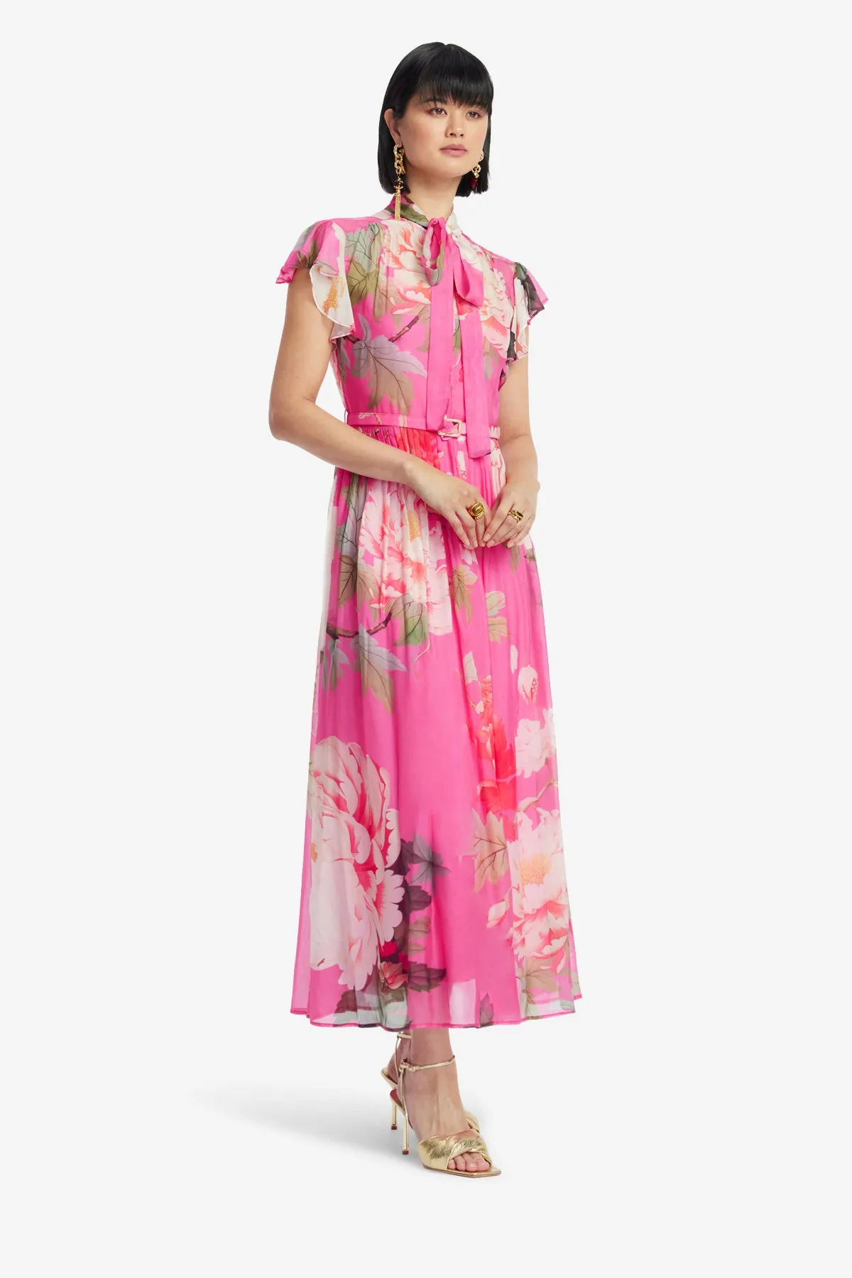 Grace Flutter Sleeve Midi Dress - Peony Print in Fuchsia sold by LEO LIN product image thumbnail 4