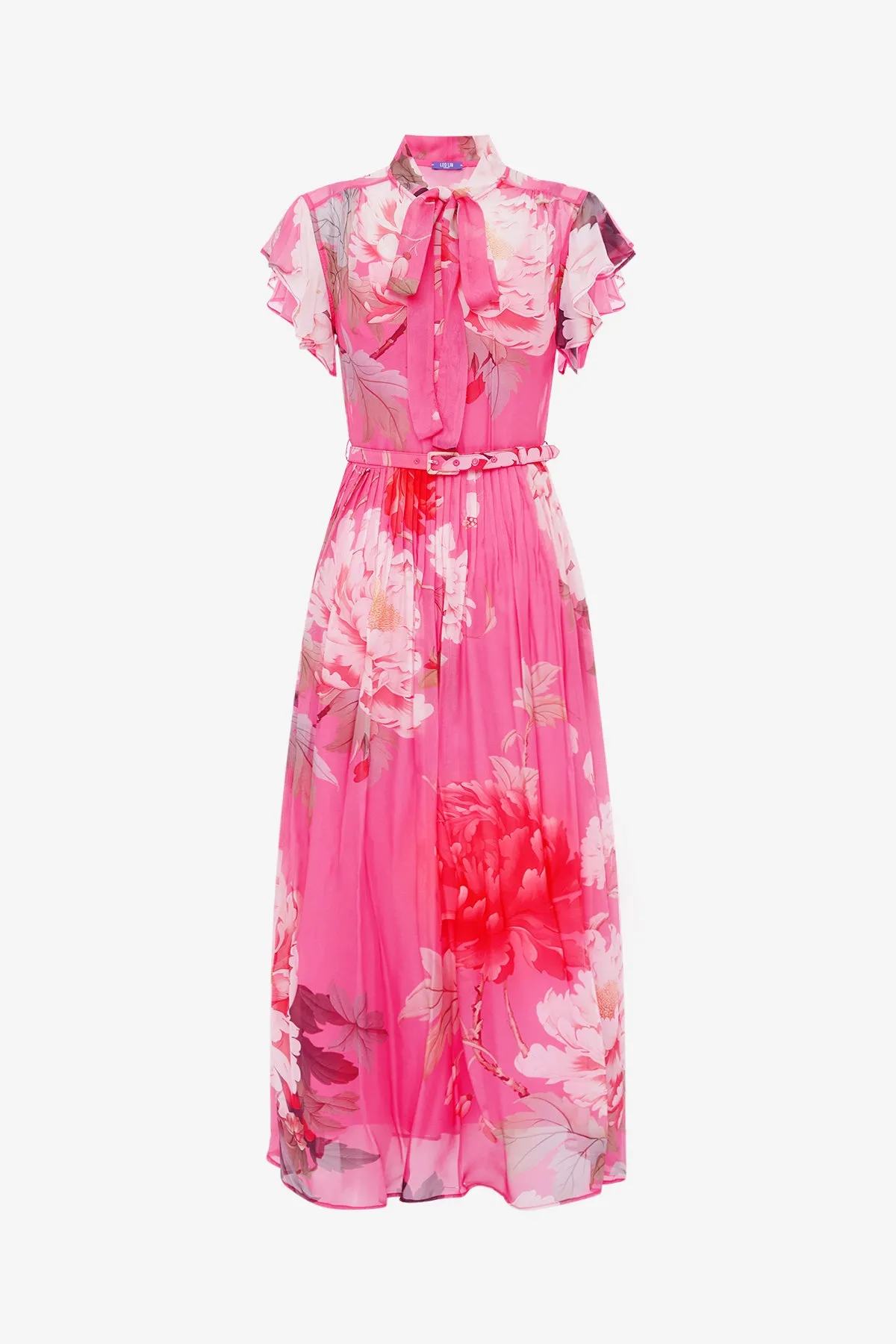 Grace Flutter Sleeve Midi Dress - Peony Print in Fuchsia sold by LEO LIN