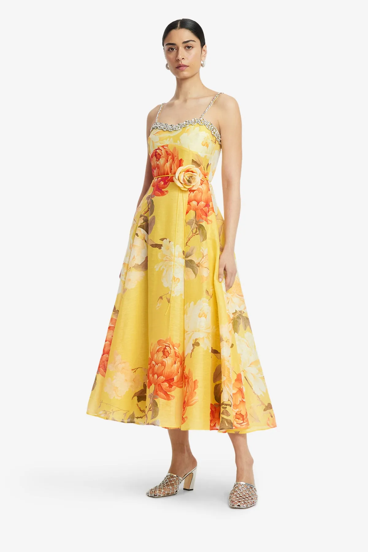 Mariela Embellished Midi Dress - Peony Print in Yellow sold by LEO LIN product image thumbnail 4