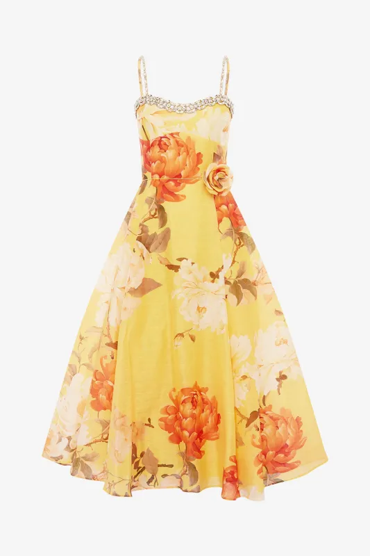 Mariela Embellished Midi Dress - Peony Print in Yellow made by LEO LIN