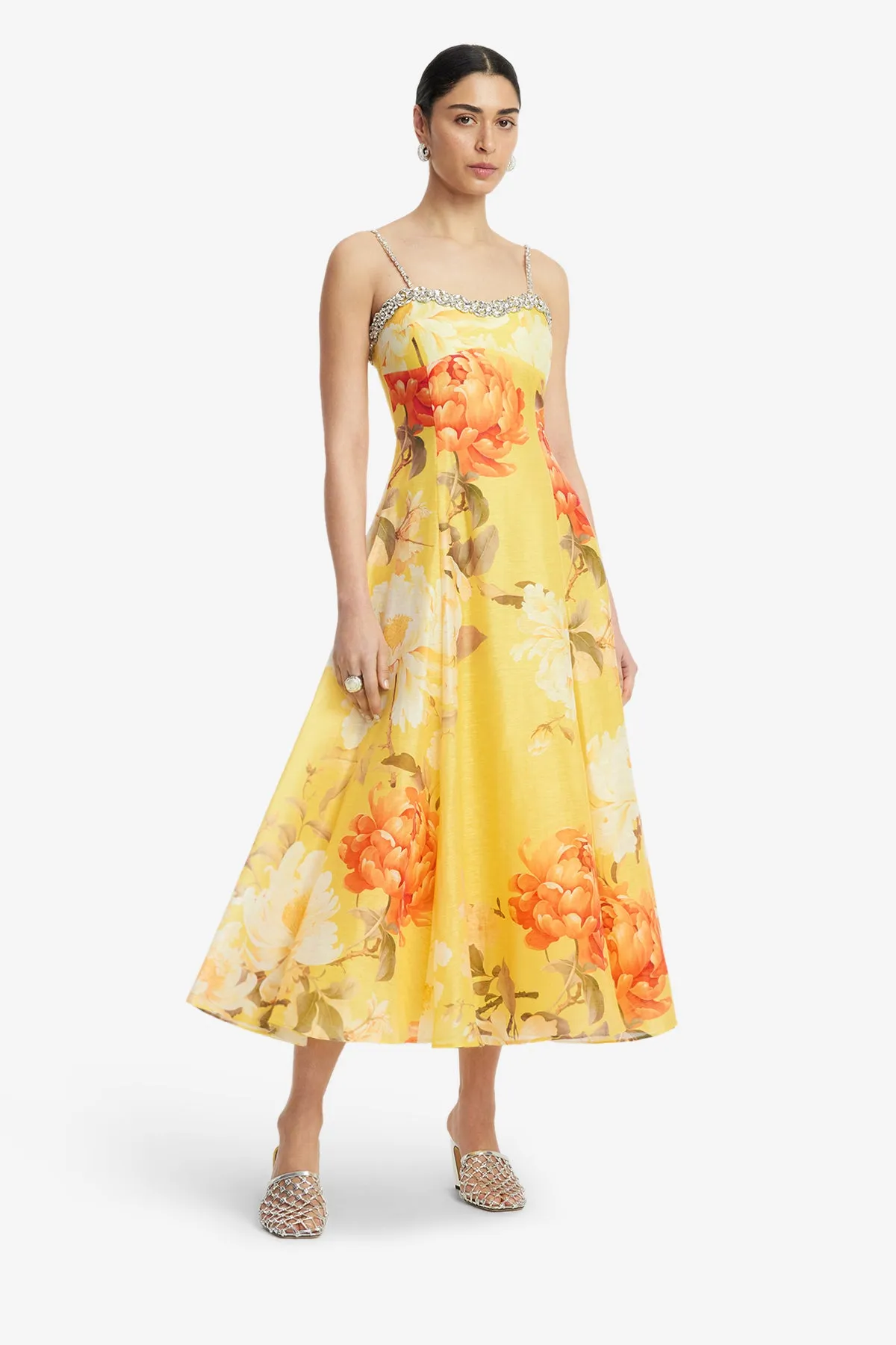 Mariela Embellished Midi Dress - Peony Print in Yellow sold by LEO LIN product image thumbnail 3
