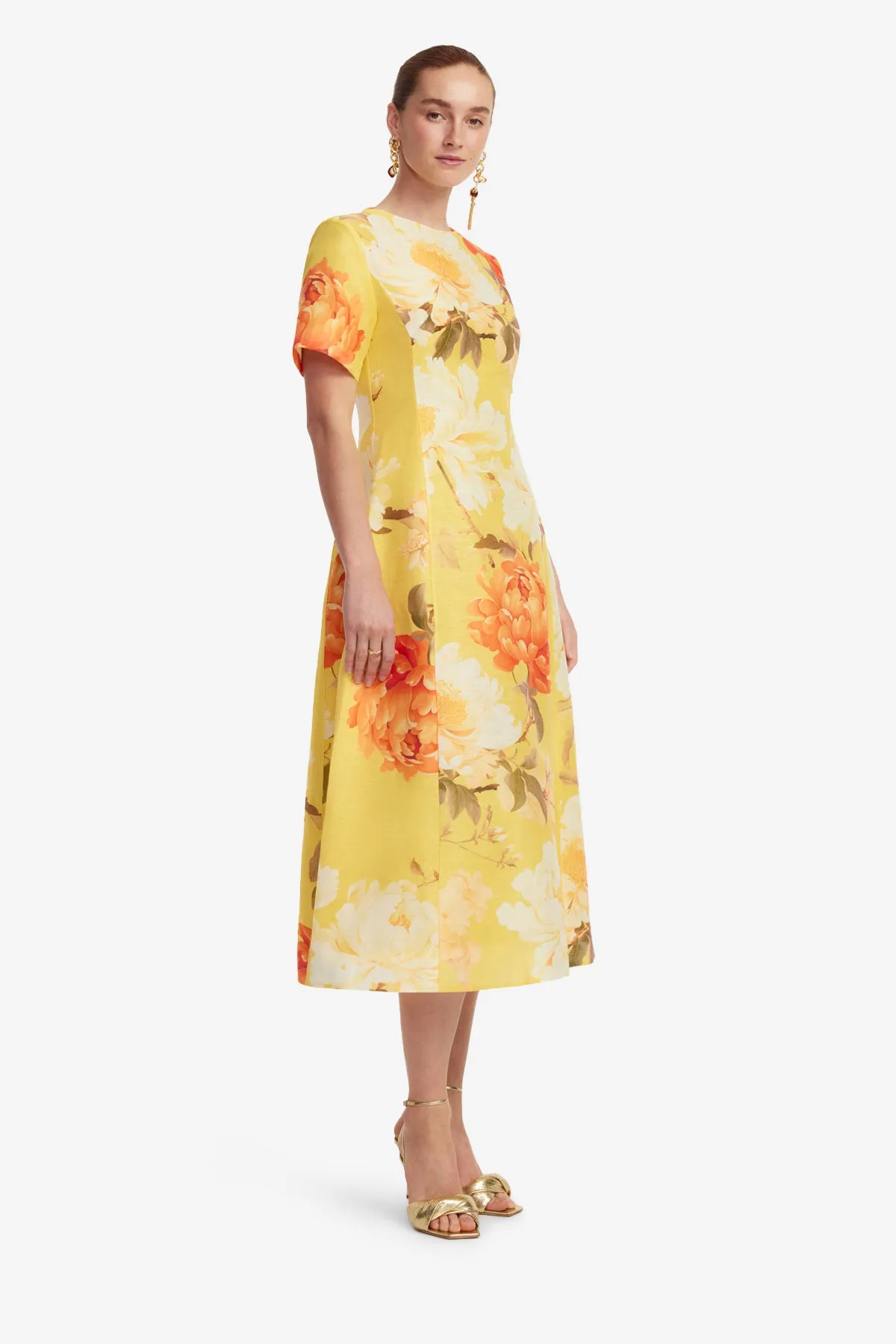 Caroline Short Sleeve Midi Dress - Peony Print in Yellow sold by LEO LIN product image thumbnail 4