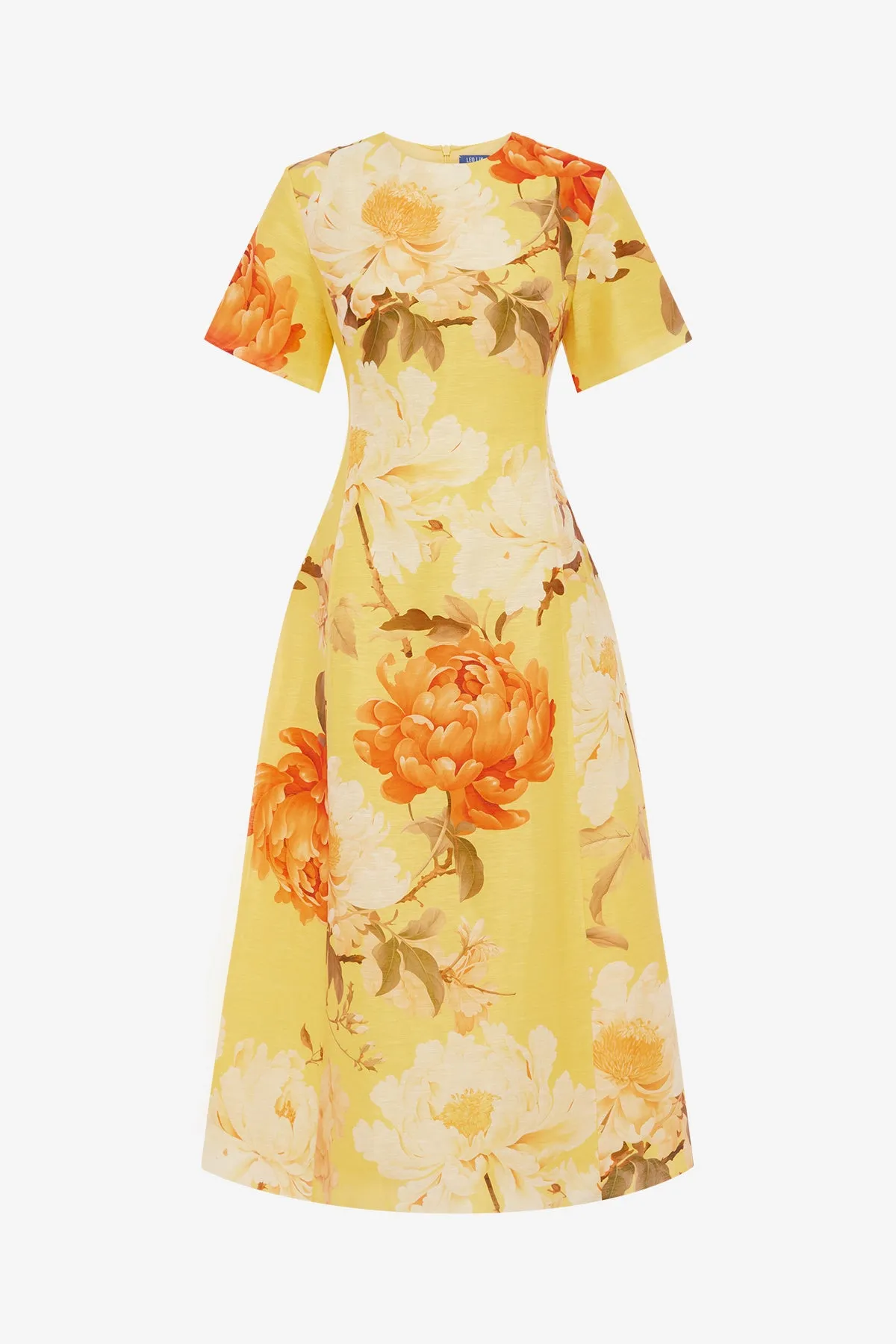 Caroline Short Sleeve Midi Dress - Peony Print in Yellow sold by LEO LIN