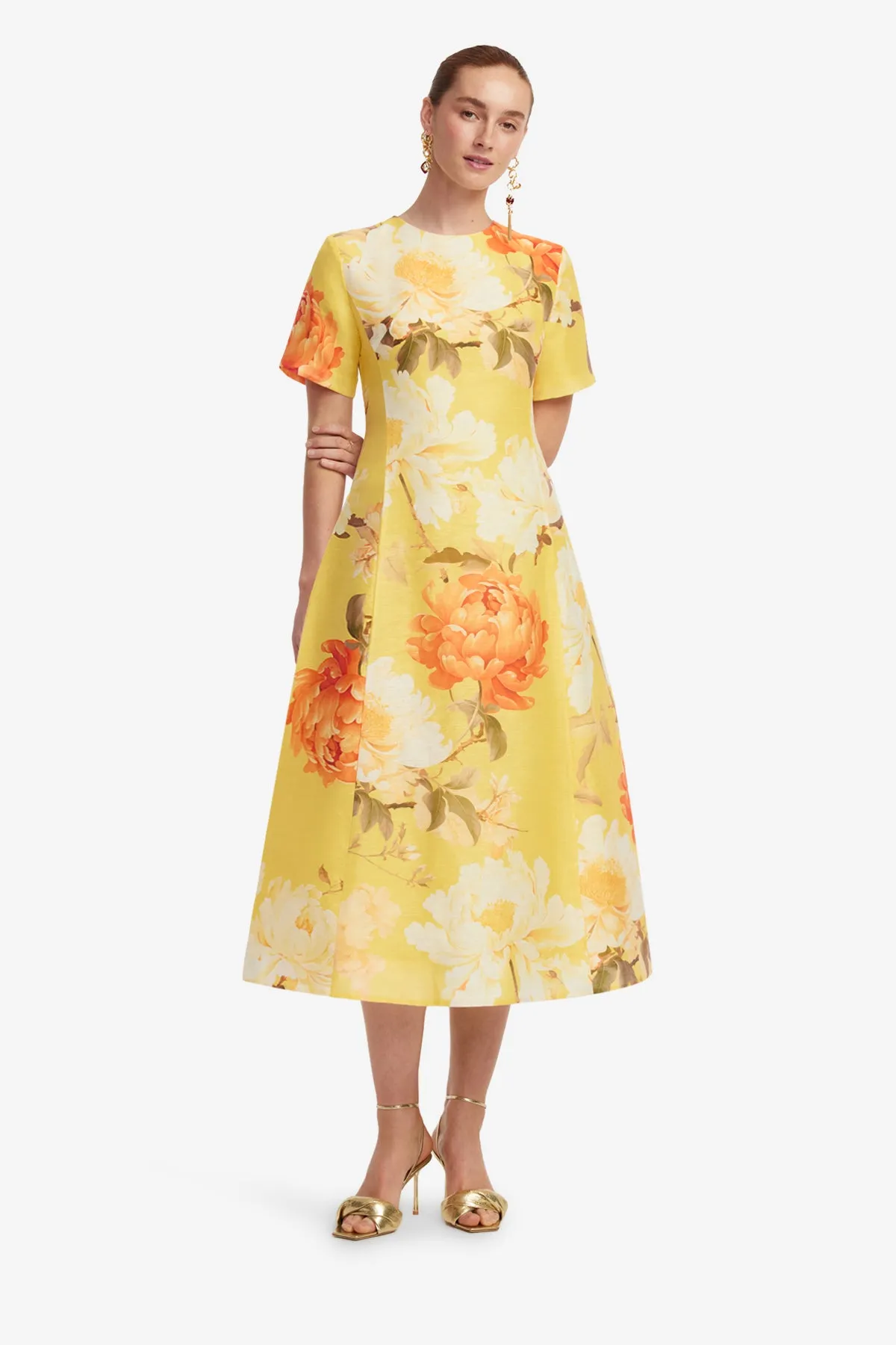 Caroline Short Sleeve Midi Dress - Peony Print in Yellow sold by LEO LIN product image thumbnail 3