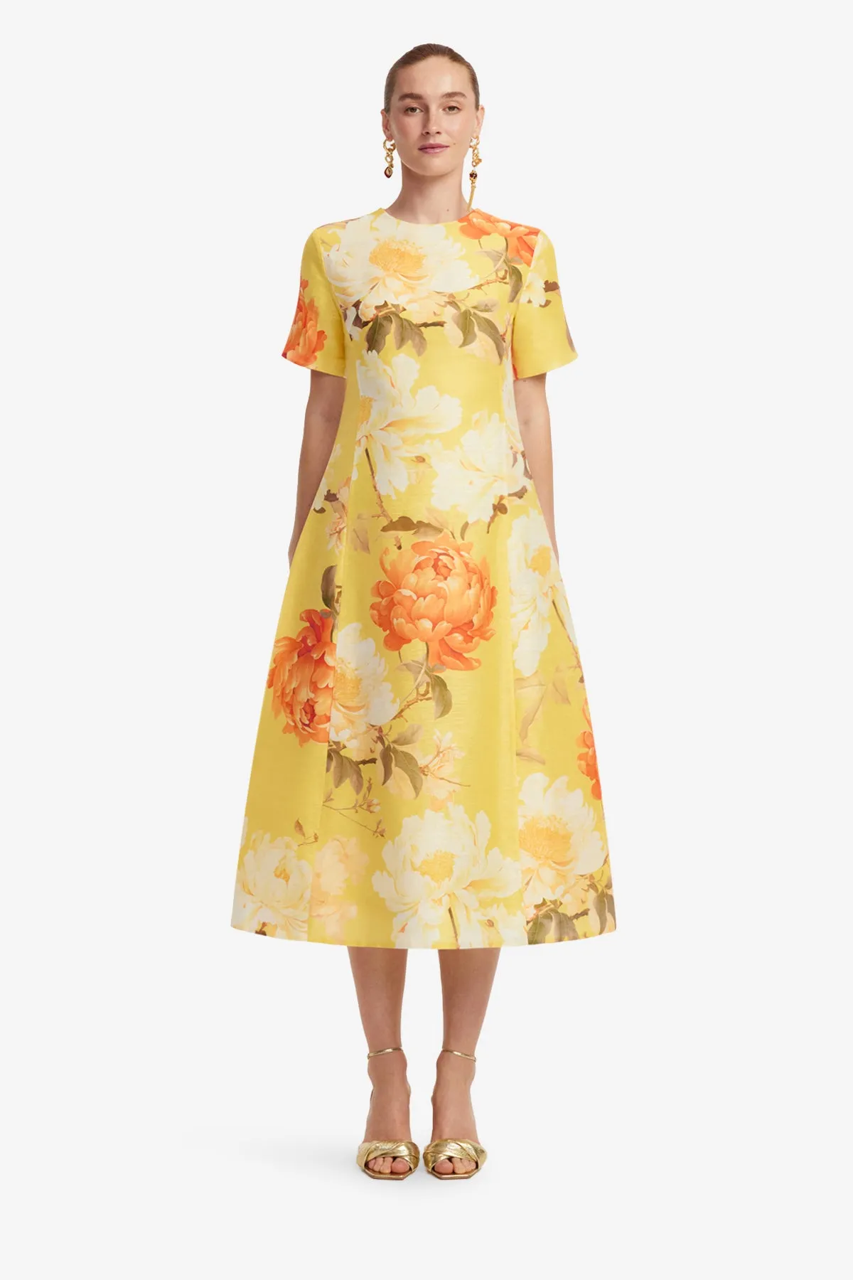 Caroline Short Sleeve Midi Dress - Peony Print in Yellow sold by LEO LIN product image thumbnail 2