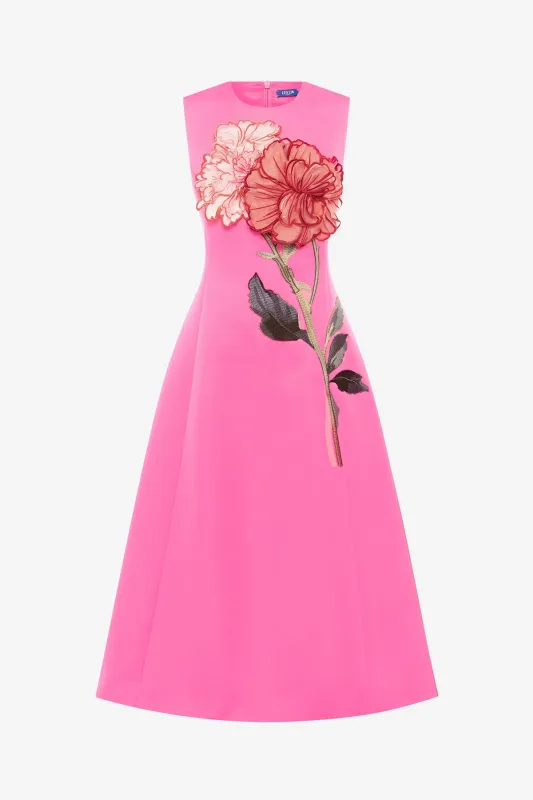 Cleo Appliqué Sleeveless Midi Dress - Peony Print in Fuchsia sold by LEO LIN
