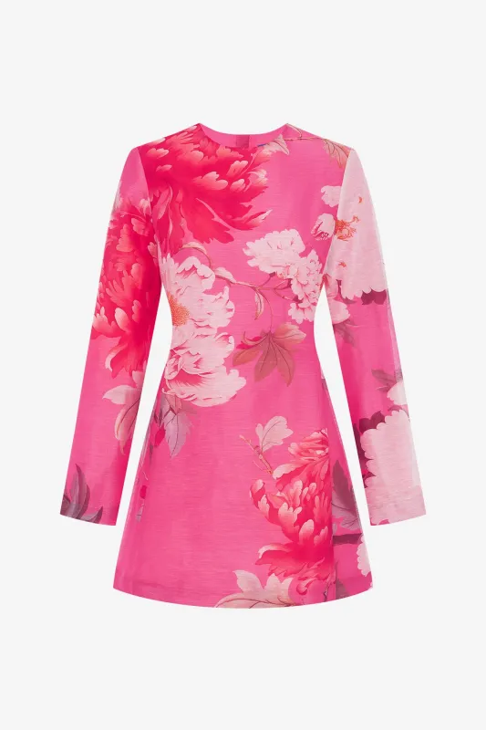 Aliza Long Sleeve Mini Dress - Peony Print in Fuchsia made by LEO LIN