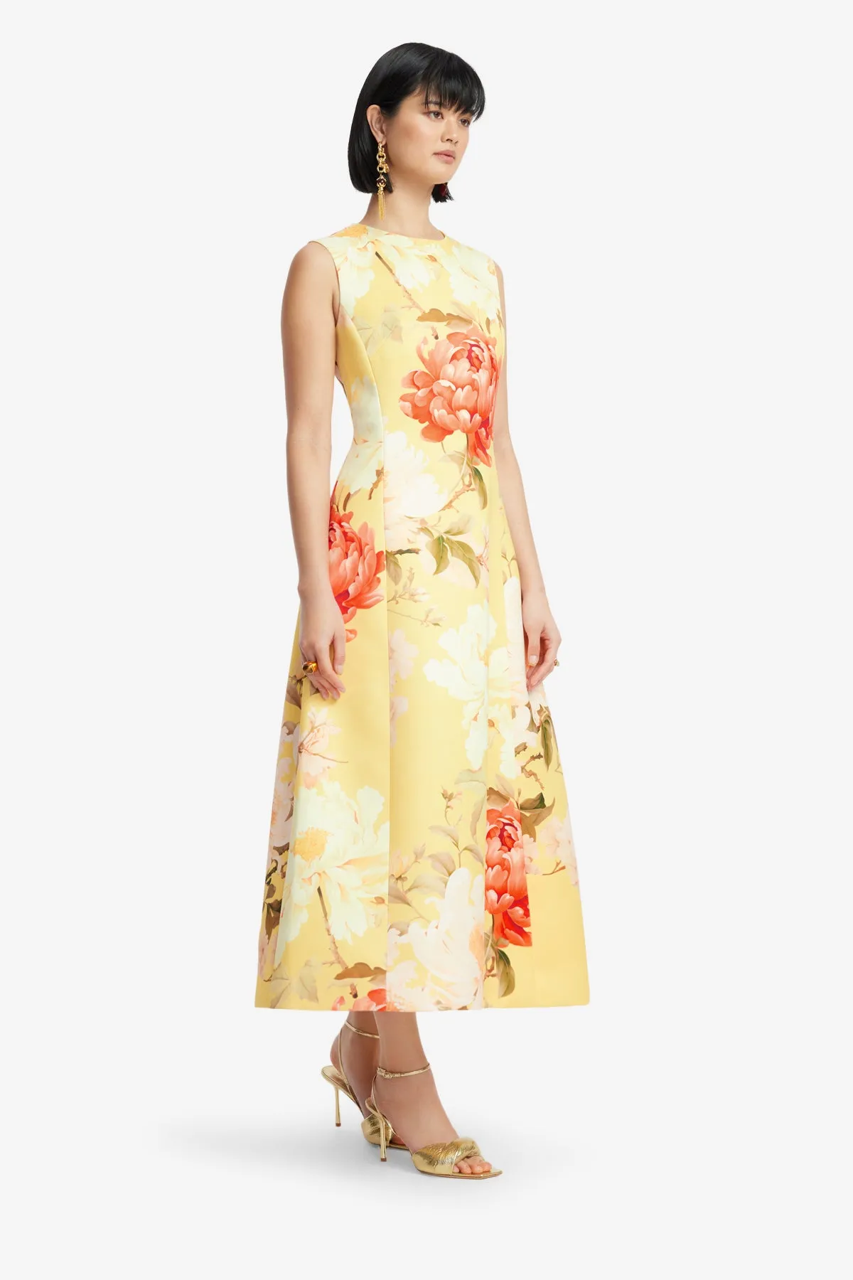 Cleo Sleeveless Midi Dress - Peony Print in Yellow sold by LEO LIN product image thumbnail 4