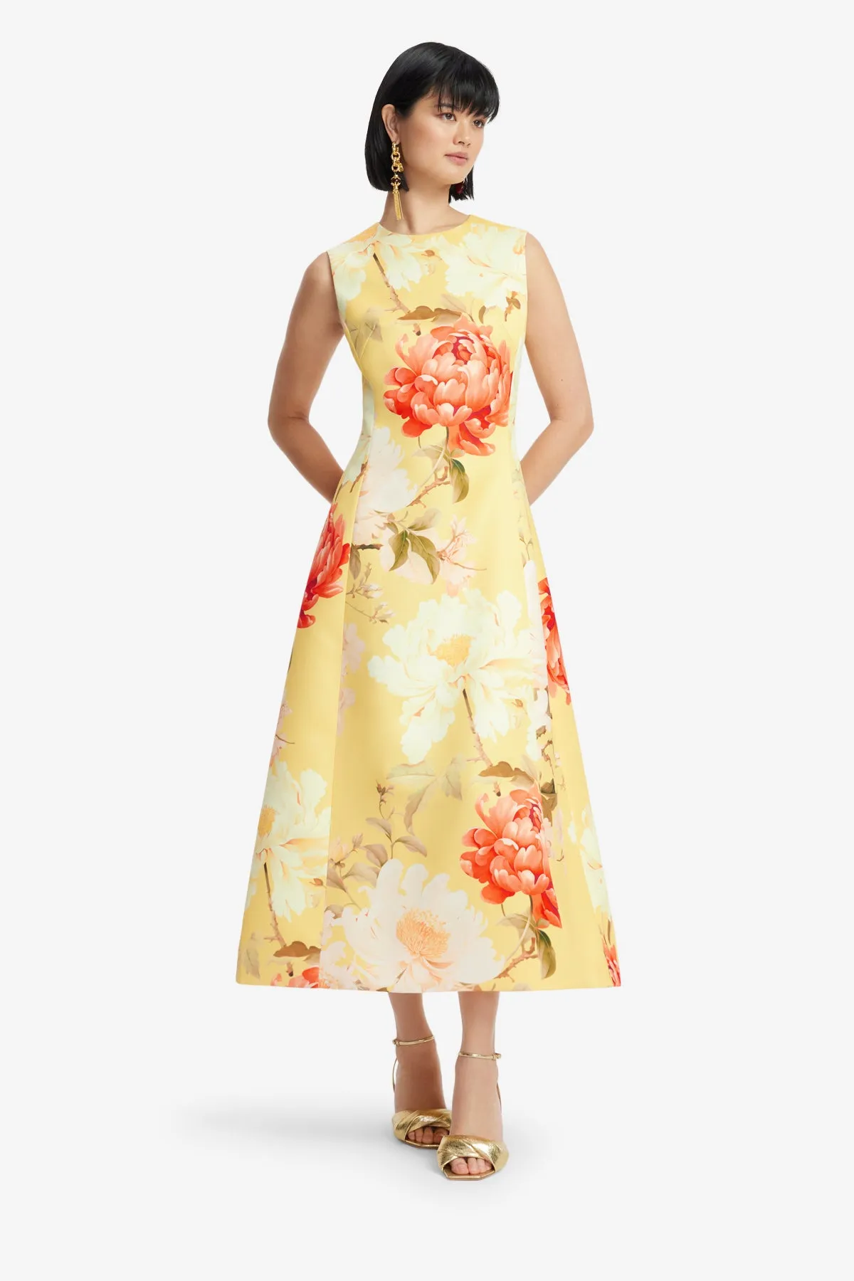 Cleo Sleeveless Midi Dress - Peony Print in Yellow sold by LEO LIN product image thumbnail 3