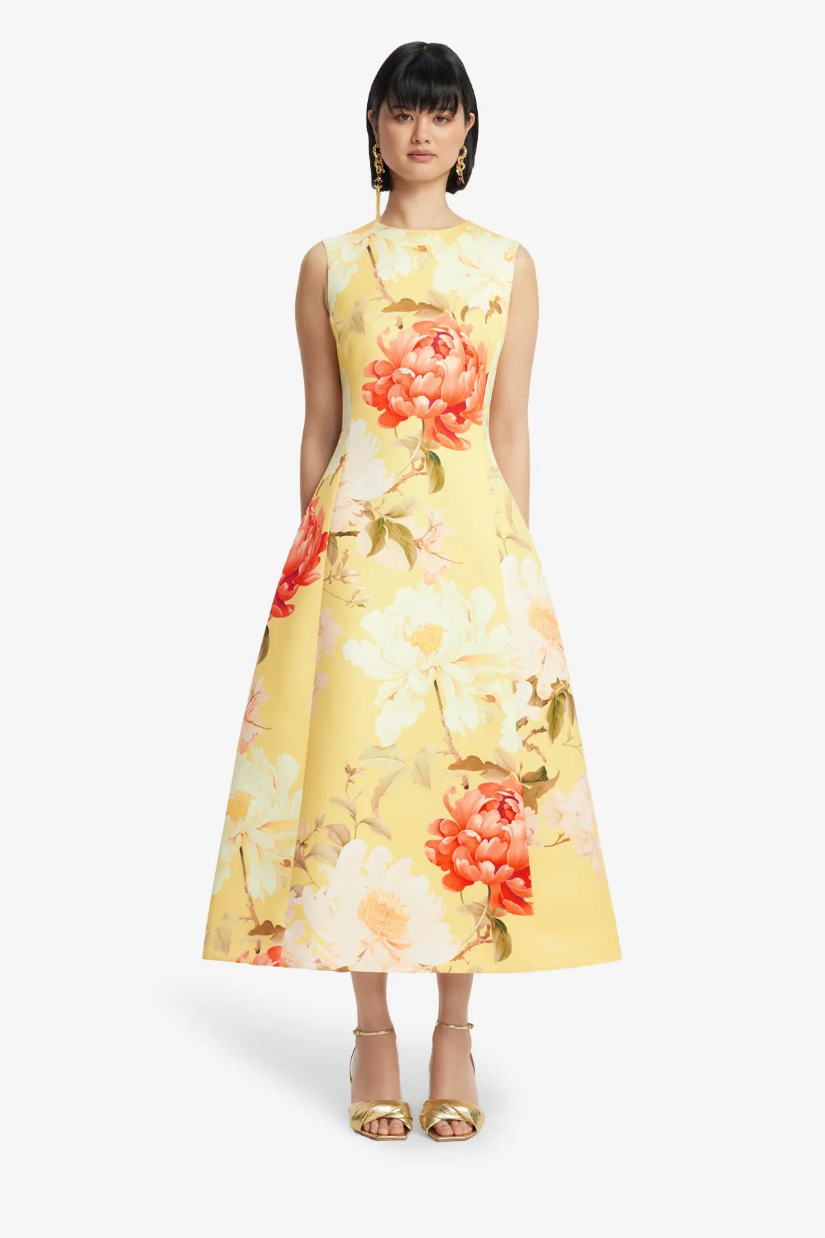 Cleo Sleeveless Midi Dress - Peony Print in Yellow sold by LEO LIN product image thumbnail 2