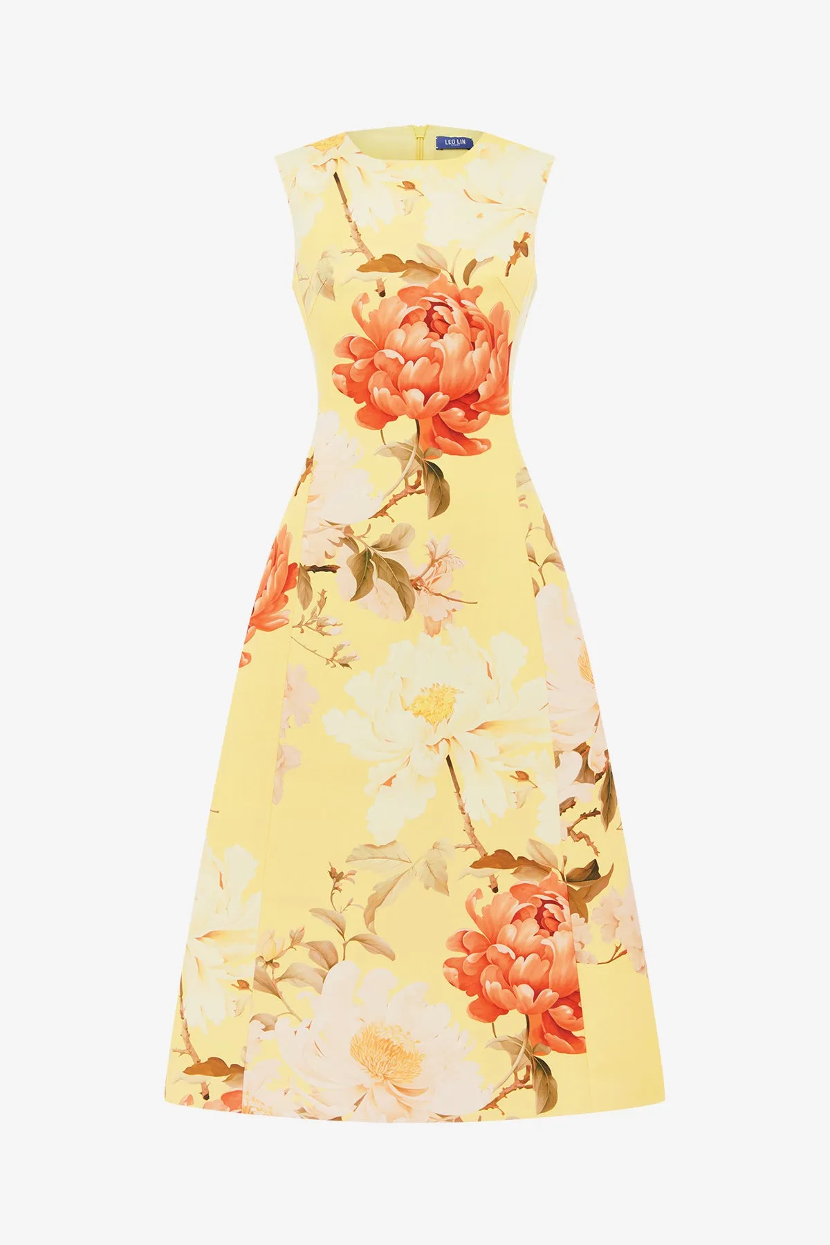Cleo Sleeveless Midi Dress - Peony Print in Yellow sold by LEO LIN