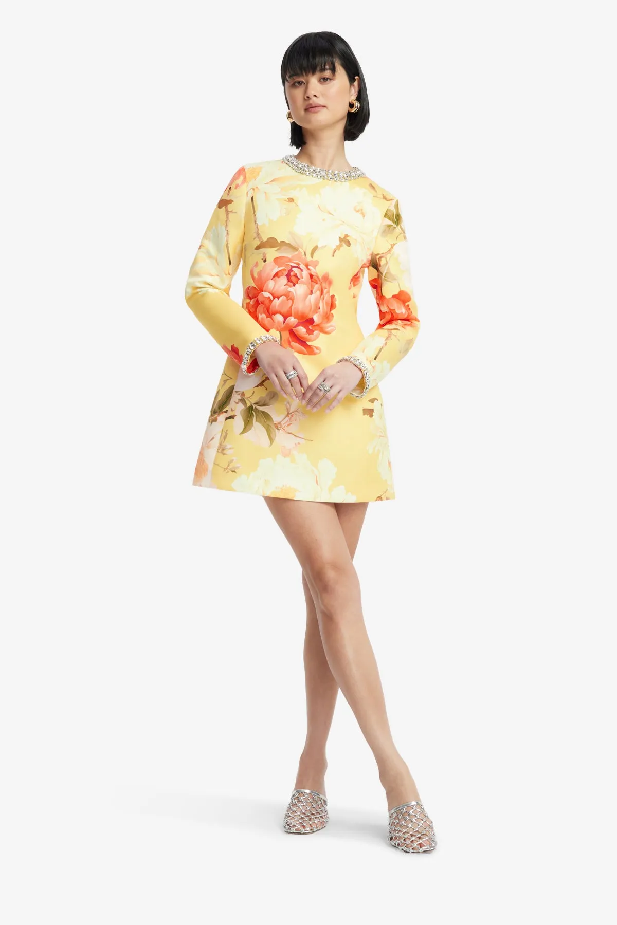 Aliza Embellished Long Sleeve Mini Dress - Peony Print in Yellow sold by LEO LIN product image thumbnail 3