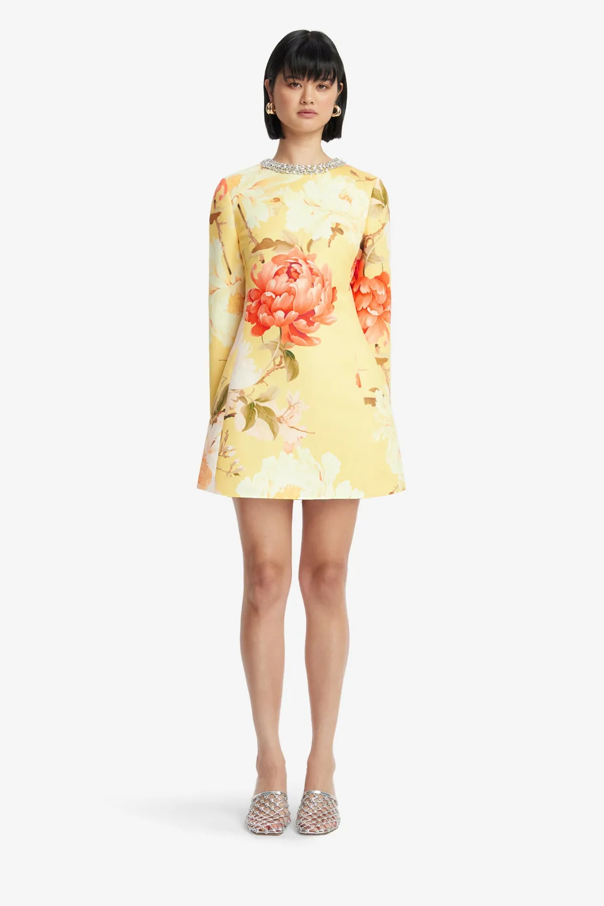 Aliza Embellished Long Sleeve Mini Dress - Peony Print in Yellow sold by LEO LIN product image thumbnail 2