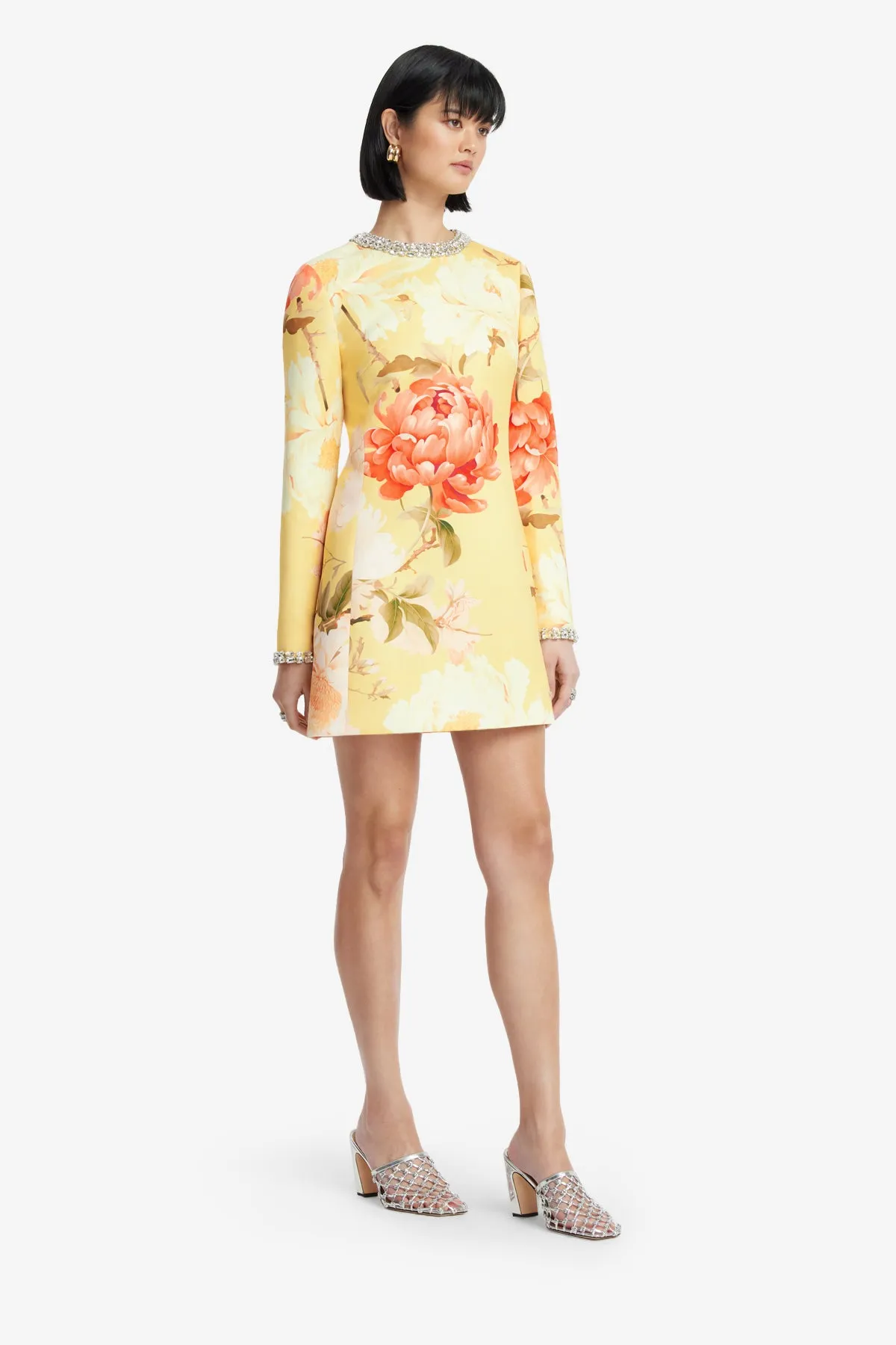 Aliza Embellished Long Sleeve Mini Dress - Peony Print in Yellow sold by LEO LIN product image thumbnail 4