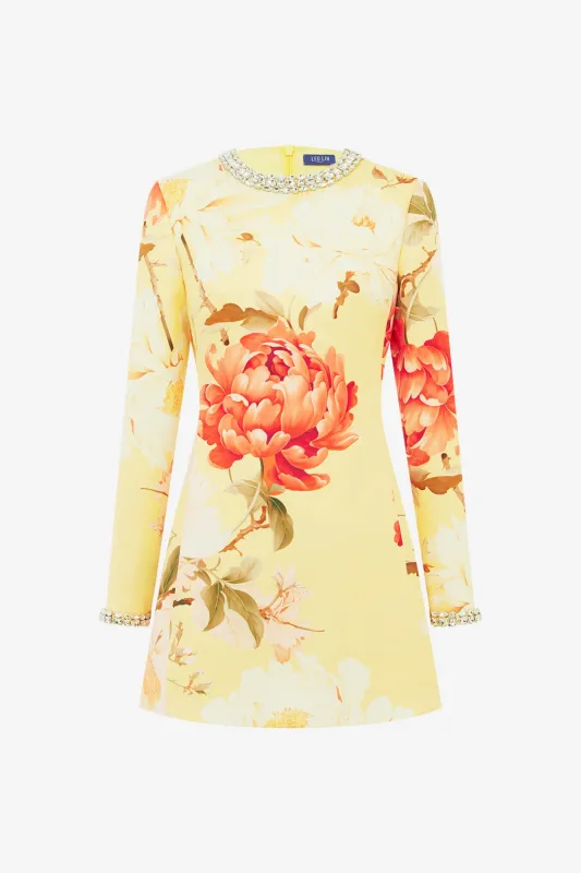 Aliza Embellished Long Sleeve Mini Dress - Peony Print in Yellow made by LEO LIN