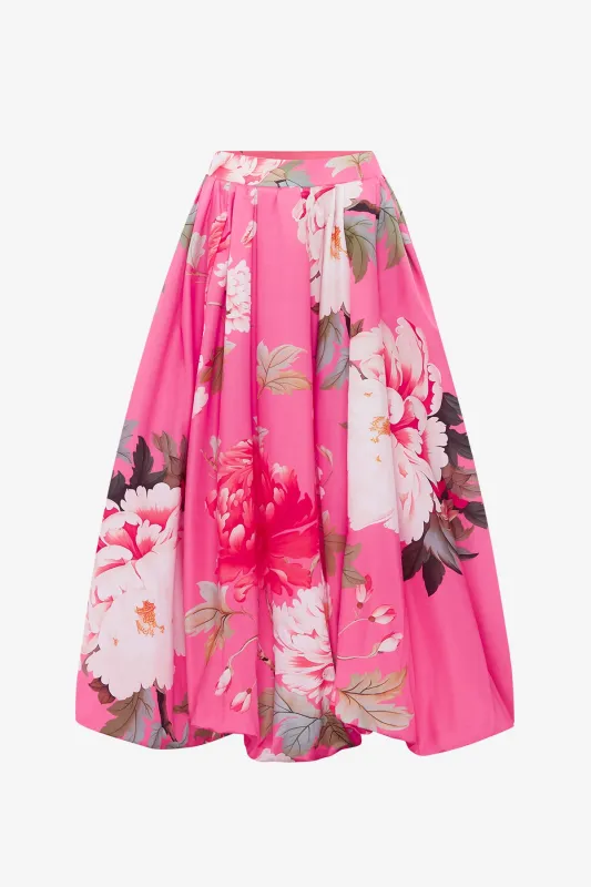Victoria Puff Maxi Skirt - Peony Print in Fuchsia sold by LEO LIN