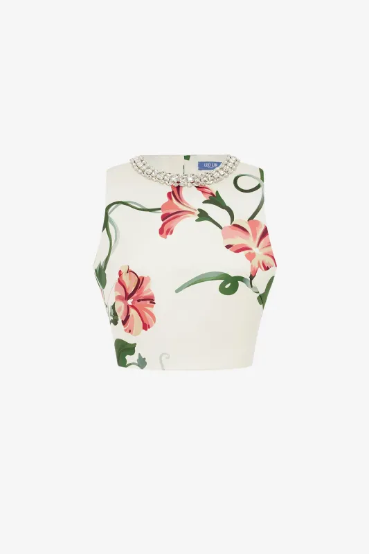 Iris Embellished Top - Vine Print in Snow made by LEO LIN