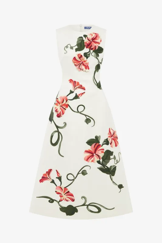 Cleo Appliqué Sleeveless Midi Dress - Vine Print in Snow sold by LEO LIN