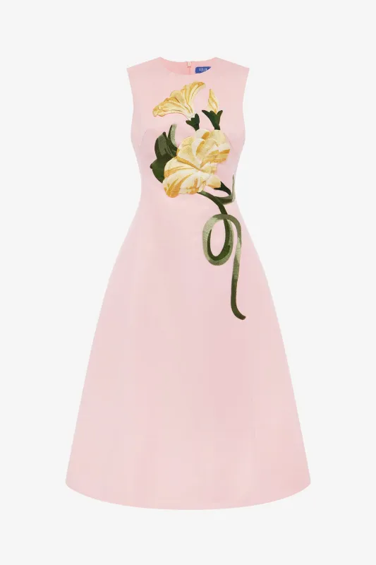 Cleo Appliqué Sleeveless Midi Dress - Vine Print in Pink made by LEO LIN