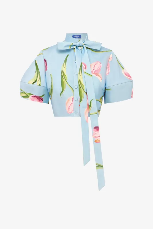 Molly Puff Sleeve Top - Tulip Print in Blue made by LEO LIN