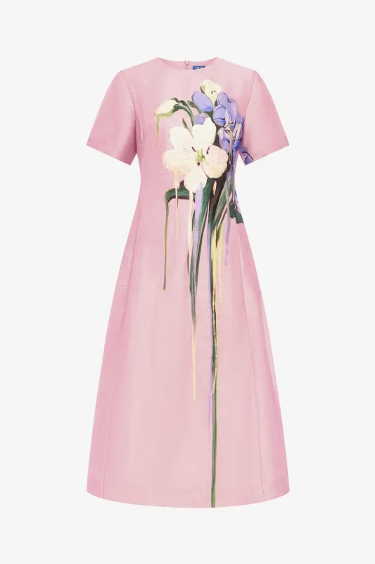 Caroline Short Sleeve Midi Dress - Bouquet Print in Pastel Pink made by LEO LIN