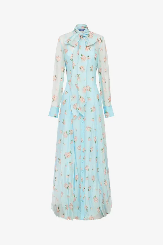 Lilith Tie Neck Maxi Dress - Ditsy Floral Print in Blue made by LEO LIN
