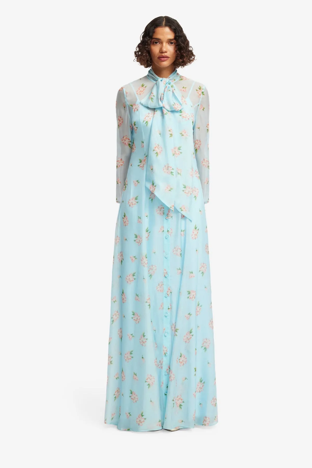 Lilith Tie Neck Maxi Dress - Ditsy Floral Print in Blue sold by LEO LIN product image thumbnail 2