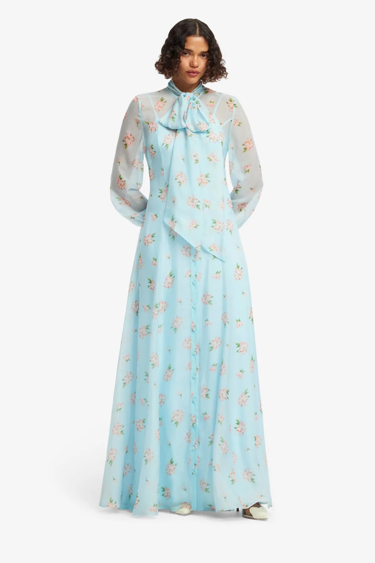Lilith Tie Neck Maxi Dress - Ditsy Floral Print in Blue sold by LEO LIN product image thumbnail 3
