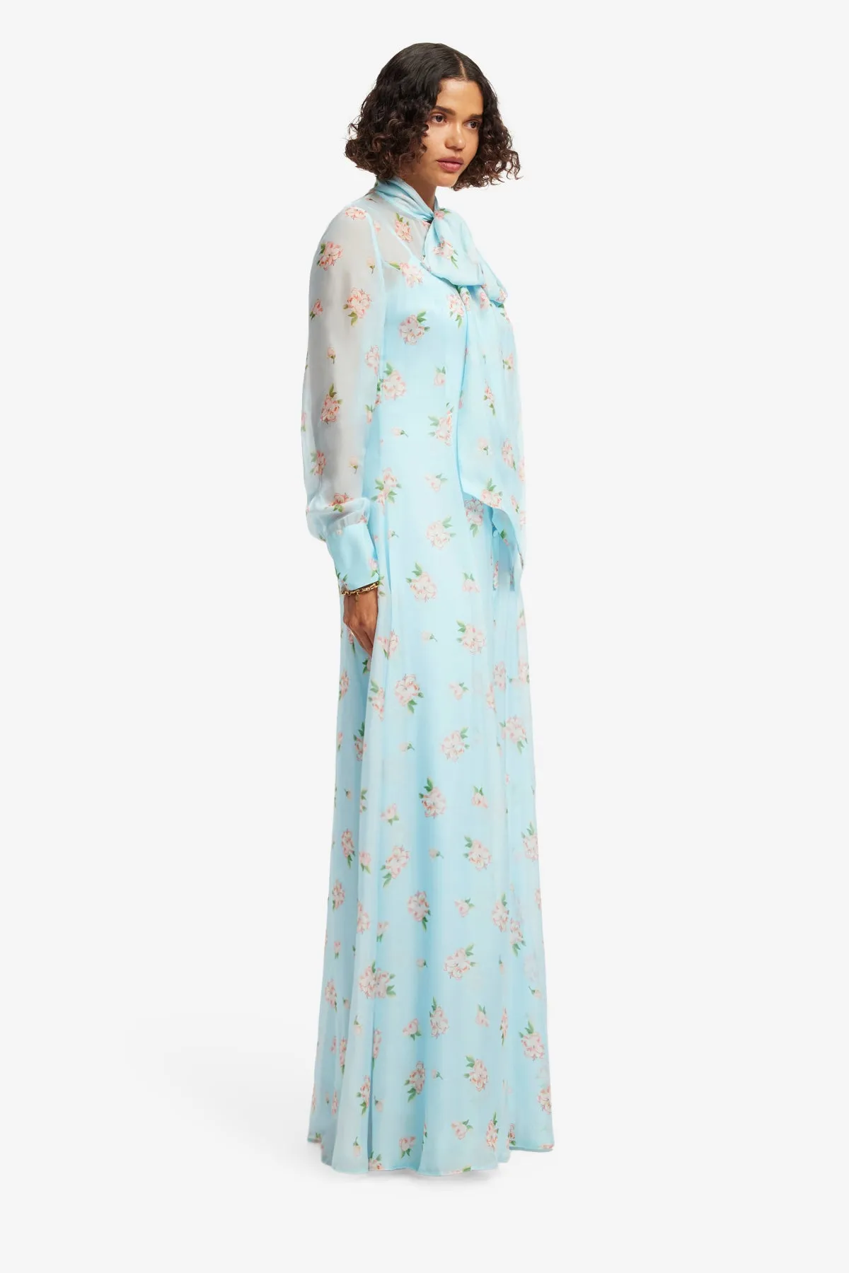Lilith Tie Neck Maxi Dress - Ditsy Floral Print in Blue sold by LEO LIN product image thumbnail 4